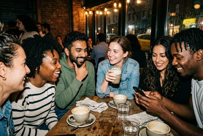 A group laughing together at a cafe table